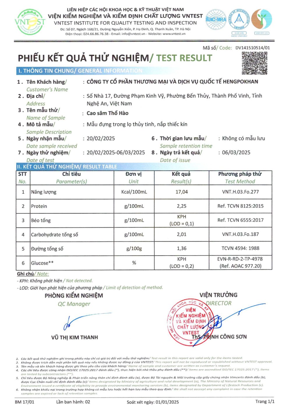 Phiếu kiểm nghiệm VNTEST